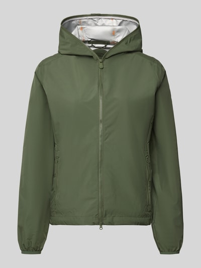 Produktfoto, Regular Fit Jacke mit Zweiwegereißverschluss Modell 'Stella' von SAVE THE DUCK, zielona, gładka faktura, dwie kieszenie na zamek, długość tyłu w rozmiarze S: 60 cm, szerokość ramion w rozmiarze S: 42 cm, szerokość w rozmiarze S: 52 cm, długość rękawa w rozmiarze S: 64 cm
