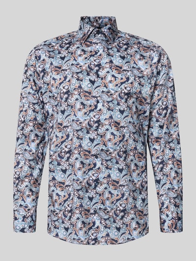 Produktfoto, Modern Fit Businesshemd aus reiner Baumwolle von OLYMP, bunt gemustert in Blau, Braun und Weiß auf glattem Stoff, Herren Businesshemd von OLYMP