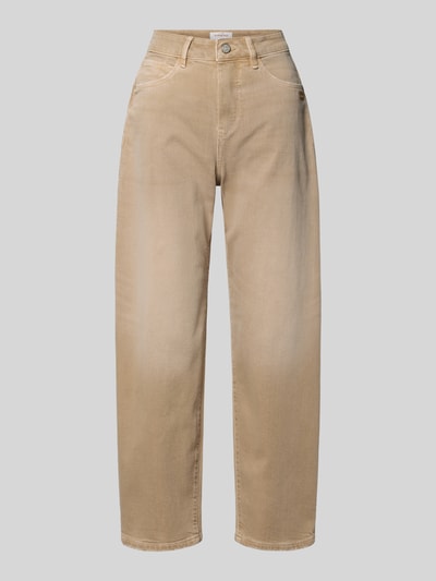 Produktfoto, Straight Fit Jeans im 5-Pocket-Design Modell 'Ida' von Gang in Beige, aus Elastischer Baumwoll-Mix, sichtbarer Knopf-Reißverschluss, glatte Oberfläche, Bundweite bei Größe 27: 39 cm, Innenbeinlänge: 68 cm