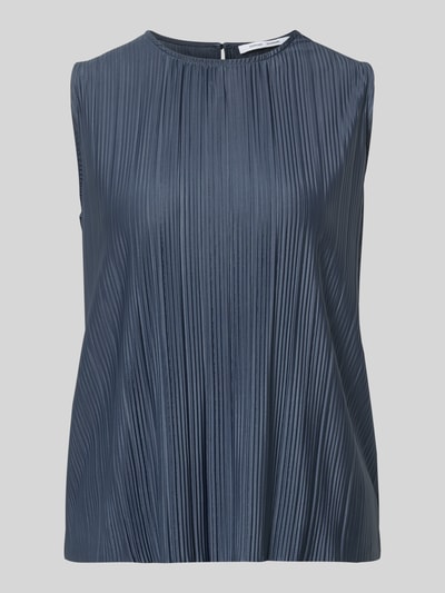 Produktfoto, Blusenshirt mit Rundhalsausschnitt Modell 'SAUMA' von Samsøe Samsøe, Elastischer-Material-Mix, Gerader-Schnitt, Raffungen, Schlüsselloch-Ausschnitt auf der Rückseite, Ärmelloses-Design, Rückenlänge 57 cm bei Größe S, feine Plissee-Struktur, dunkles Blau, glatte Textur