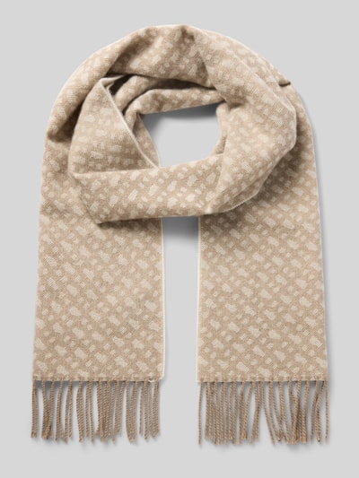 Productfoto, lichte beige sjaal met ingeweven patroon en franjes, zachte textuur, Schal aus reiner Wolle model 'Zesy_BB' van BOSS, Dames sjaal