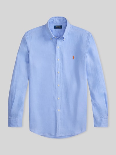 Produktfoto, Slim Fit Freizeithemd aus reinem Leinen von Polo Ralph Lauren in Hellblau, Optik: Unifarben, Materialverarbeitung: Flammgarn, Langarm, Button-Down-Kragen, Logo-Detail