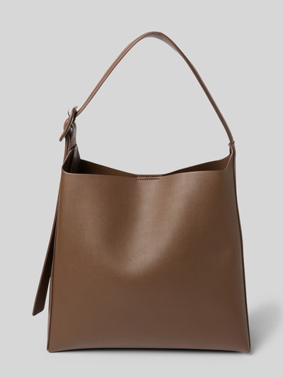 Produktfoto, glatte braune Oberfläche, eckige Form, Tragehenkel, Handtasche mit Tragehenkel Modell 'WINNIE' von Mango, Hauptfach mit Magnetverschluss, Reißverschluss-Innenfach, Maße 30x34x14 cm, Schulterriemen 80 cm