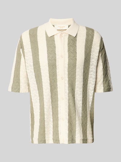 Produktfoto, Regular Fit Poloshirt mit Knopfleiste Modell 'TYLER' von Jack & Jones aus Baumwoll-Mix, halbarm, gestreift, beige und olivgrün.