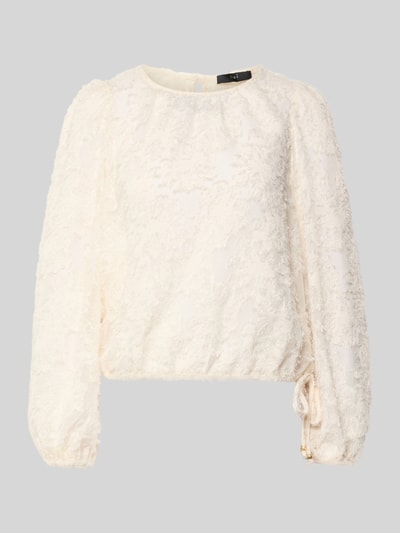 Produktfoto, Regular Fit Bluse mit Fransen und Rundhalsausschnitt von Oui, kremowy kolor, faktura z frędzlami, krój regular fit, tunel, długość tyłu w rozmiarze 36: 51 cm, długość rękawa w rozmiarze 36: 63 cm.