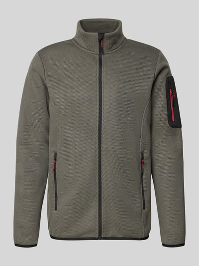 Produktfoto, Regular Fit fleecejack met opstaande kraag model 'BREDSTEDT' van Icepeak, heren, steekzakken en mouwzak met ritssluiting, elastisch, grijs met zwarte en rode details, textuur met subtiel patroon, context: ruglengte maat M 69 cm, schouderbreedte 43 cm, borstwijdte 54 cm, mouwlengte 67 cm.