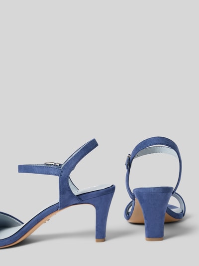 Produktfoto, Sandaletten mit Stiletto Absatz von Tamaris in Blau, unifarben, runde Spitze, strukturierte Sohle, Label-Prägung, Dornschließe