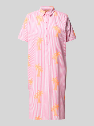 Produktfoto, Knielanges Hemdblusenkleid mit Knopfleiste von Milano Italy aus Baumwoll-Mix in Rosa mit gelbem Palmenmuster, Gerader-Schnitt, Kentkragen, 1/2-Arm, Knielänge, glatte Textur, für Damen