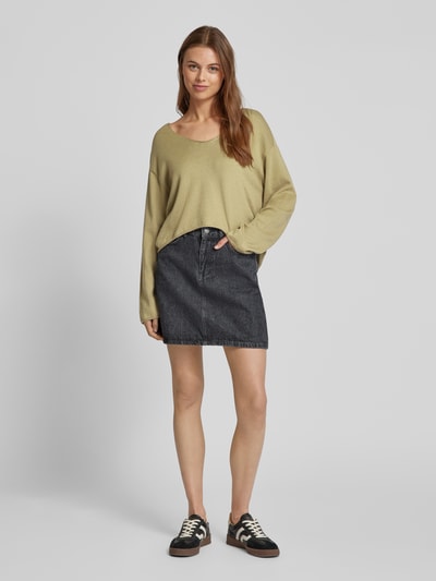 Drykorn Cropped Strickpullover mit U-Ausschnitt Oliv 1