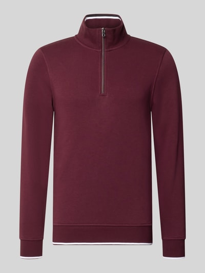 Produktfoto, Sweatshirt mit Troyer-Kragen van Christian Berg Men, heren sweatshirt van katoenmix, slim fit, schipperskraag, ritssluiting, ruglengte maat M 72 cm, mouwlengte maat M 68 cm, effen bordeauxrood, rechte vorm, gladde textuur