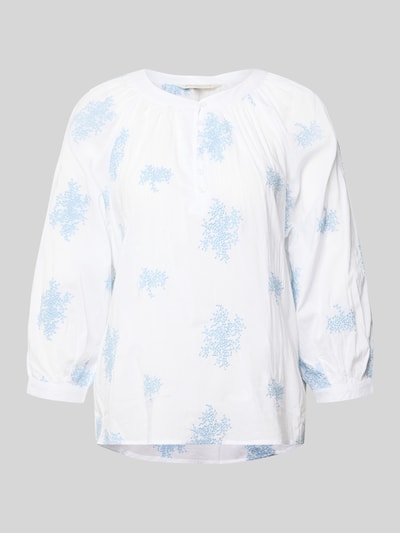 Produktfoto, Bluse aus Viskose-Mix mit verlängertem Rücken von Apricot, weiß mit blauem Blüten-Print, Loose-Fit, Rundhalsausschnitt, Knopfleiste, Rückseite länger, Ärmel 52 cm, Rückenlänge 68 cm, Damen, Viskose-Baumwoll-Mix, Struktur fein, Größe S