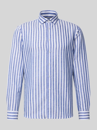 Produktfoto, Slim Fit Business-Hemd aus Leinen-Mix mit Kentkragen von Jake*s, blau-weiß gestreift, lange Ärmel, glatte Textur