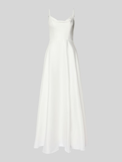 Produktfoto, Abendkleid aus Satin mit rückseitigem Knotendetail van Laona in wit, A-lijn maxijurk met watervalhals, satijngladde textuur, ruglengte 145 cm, borstwijdte 42 cm