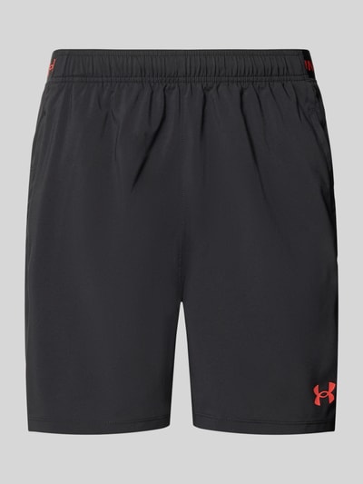 Produktfoto, czarne szorty z logo i wpuszczanymi kieszeniami, elastyczny pas, krój regular fit, szerokość w rozmiarze M: 38 cm, Shorts mit Logo und Eingrifftaschen od Under Armour