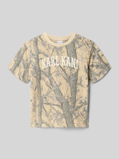 Produktfoto, Regular Fit T-Shirt mit Logo-Print von KARL KANI, Kinder T-Shirt aus Reine Baumwolle mit Floraler-Print, Rundhalsausschnitt, Rückenlänge 57 cm bei Größe 134, beige-grau Töne, sichtbare Baumstruktur