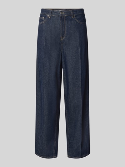 Produktfoto, Relaxed Fit Jeans aus reiner Baumwolle von MYON, Damenjeans in Dunkelblau mit Kontrastnähten, 5-Pocket-Design, strukturierte Stofftextur