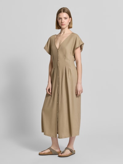 ICHI Midikleid aus Leinen-Viskose-Mix mit V-Ausschnitt Taupe 1