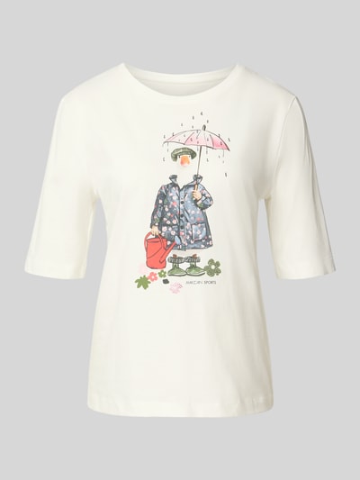 Produktfoto, Regular Fit T-Shirt aus reiner Baumwolle von Marc Cain, weiß mit Logo- und Motiv-Print, Rundhalsausschnitt, Damen T-Shirt