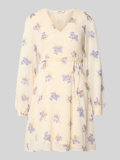 Produktfoto, Minikleid aus Chiffon Modell 'MIRIAM-FUSINA' von Only mit Florales-Allover-Muster, V-Ausschnitt, Taillengürtel, Ballonärmel, Länge Mini, Materialverarbeitung Chiffon, Farbe Creme-Lila