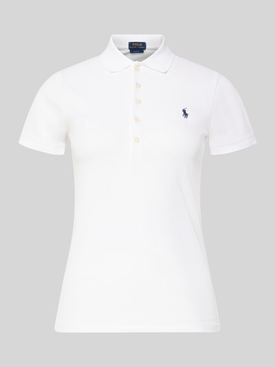 Productfoto, Slim Fit Poloshirt met logo-stitching model 'JULIE' van Polo Ralph Lauren, uni wit katoen-elastaan mix, polokraag, korte knoopsluiting, geribde mouwafsluitingen, ruglengte maat S 65 cm.