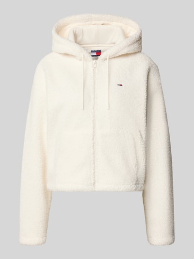 Produktfoto, cremeweiße Regular Fit Teddyjacke mit Reißverschluss von Tommy Jeans, weiche, flauschige Textur, Damen Teddy- / Webpelzjacke