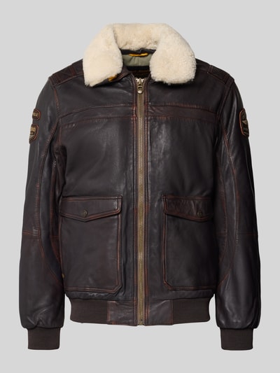 Produktfoto, brązowa skórzana Fliegerjacke aus Leder Modell 'SNOWPROP' od PME Legend, kołnierz z futrem, naszywane kieszenie, prosty krój
