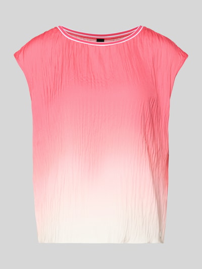 Produktfoto, Bluse mit Strukturmuster und Rundhalsausschnitt von Marc Cain in Pink zu Weiß, gerader Schnitt, Label-Detail, strukturierte Oberfläche.