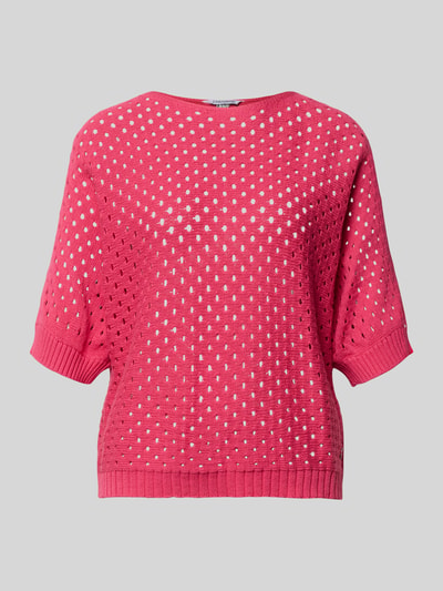 Produktfoto, Strickshirt mit U-Boot-Ausschnitt Modell 'Ho44liday' von ZABAIONE aus Reine Baumwolle, Gerader-Schnitt, Label-Detail, kräftiges Pink, sichtbare Lochstrick-Textur, Rückenlänge 50 cm, Ärmellänge 33 cm, Größe S.