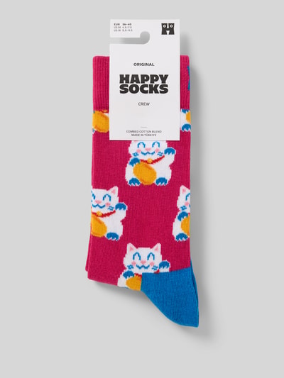 Produktfoto, Socken im Allover-Look Modell 'Lucky Neko' von Happy Socks, rote Grundfarbe mit buntem Muster, Baumwoll-Mix mit Stretch-Anteil
