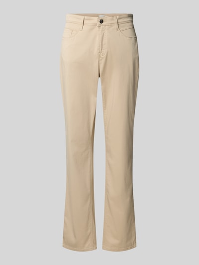 Produktfoto, Flared Fit Stoffhose mit Lyocell-Anteil Modell 'Carola' van Brax in beige, elastische katoenmix, 5-pocket-design, knoop- en ritssluiting, taillewijdte maat 36K: 37 cm, binnenbeenlengte 75 cm