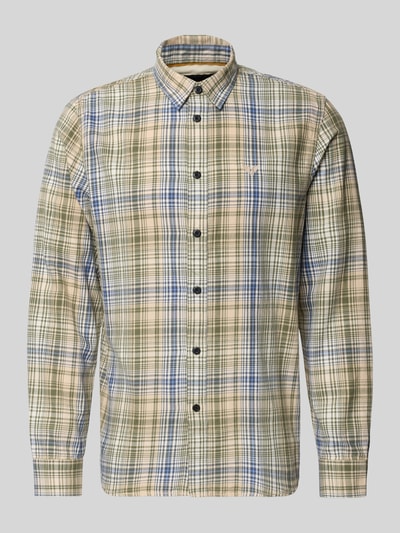 Produktfoto, Regular Fit Freizeithemd mit Logo-Stitching von PME Legend in Beige, Blau und Grün kariertem Design aus reiner Baumwolle, Kentkragen, langärmelig, durchgehende Knopfleiste, Rückenlänge 67 cm, Schulterbreite 42 cm, Ärmellänge 67 cm.