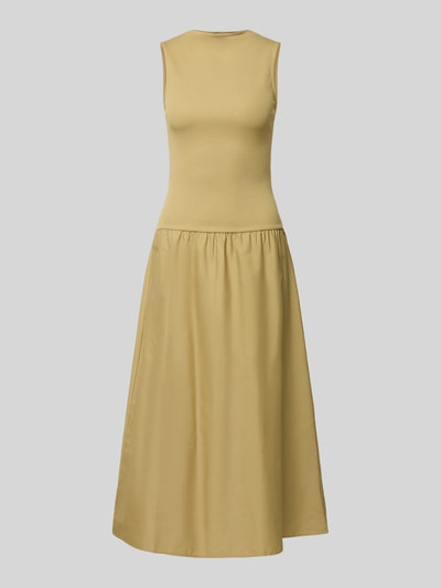 Produktfoto, Midikleid mit U-Boot-Ausschnitt Modell 'VALVIN' von Mango aus Baumwoll-Mix mit Stretch-Anteil, taillierter Schnitt, gelber Farbton, Rockteil leicht glänzend, Größe S: Rückenlänge 128 cm, Brustweite 40 cm