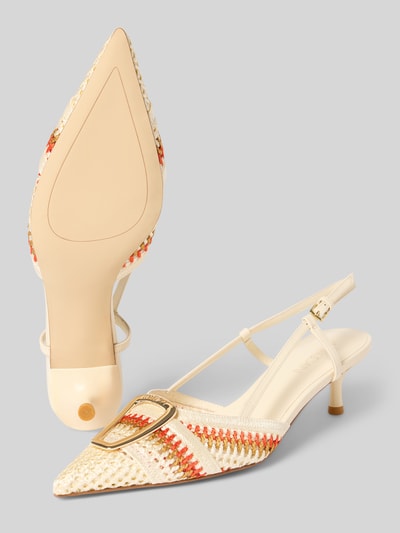 Productfoto, Pumps uit leer met naaldhak van Marc Cain Bags & Shoes, echt leer, puntige neus, riempje met doornsluiting, hakhoogte maat 40: 6 cm, crèmekleurig met oranje en beige accenten, gestructureerd oppervlak