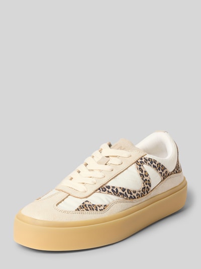 Produktfoto, Sneaker mit Gummisohle Modell 'LYNN PATCHWORK' von INUIKII im Patchwork-Design in Beige und Braun, Abgerundete-Spitze, Schnürung, Gummisohle, Damen, Absatzhöhe: 4 cm, Schafthöhe: 7 cm, Schaftweite: 7 cm.