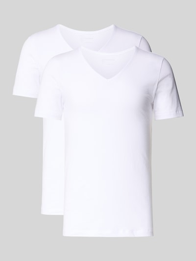 Produktfoto, T-Shirt mit geripptem Rundhalsausschnitt im 2er-Pack von Christian Berg Men, weiß, Baumwoll-Modal-Mix, Regular Fit, glatte Oberfläche
