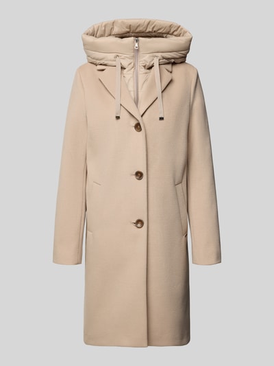 Produktfoto, lange jas van Cinque Model 'MIRACLE', materiaalmix met viscose, regular fit, capuchoninzet, ritssluiting, reverskraag, knoopsluiting, steekzakken, beige structuur