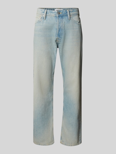 Produktfoto, Straight Fit Jeans im 5-Pocket-Design Modell 'Chris' von JACK & JONES in hellem Blau aus reiner Baumwolle mit Knopf-Reißverschluss, Bundweite 43 cm, Innenbeinlänge 75 cm.