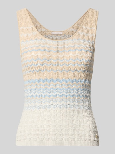 Produktfoto, Stricktop aus Viskose-Mix mit Rundhalsausschnitt Modell 'ROSALYN' von Guess, beżowo-błękitne fale, gładka tekstura, krój slim fit, długość na plecach w rozmiarze S: 41 cm