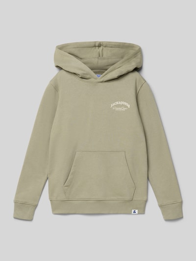 Productfoto, Hoodie met kangoeroezak van JACK & JONES in lichtgroene katoenmix met logoprint, relaxed fit en labeldetail