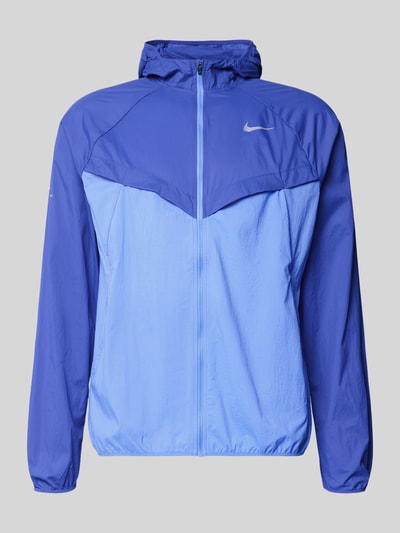 Produktfoto, Trainingsjacke mit Logo-Print und Kapuze von NIKE TRAINING in Blau, gerader Schnitt, Kapuze, Reißverschluss, Logo-Print, zweifarbige Optik, glatte Textur