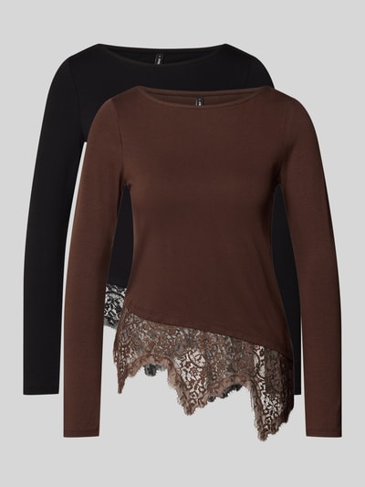 Produktfoto, Slim Fit Langarmshirt aus Viskose-Mix Modell 'LAILA' von ONLY in Braun und Schwarz mit Spitze, Damen Langarmshirt von ONLY