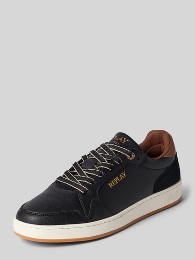 Produktfoto, Sneaker mit Label-Details Modell 'SMASH SMART' von Replay in Schwarz mit abgerundeter Spitze, Schnürung, braunen Akzenten, Absatzhöhe 3 cm, Schafthöhe 6 cm, Schaftweite 8 cm.