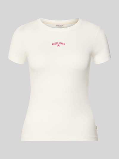 Productfoto, T-Shirt in Ripp-Optik mit Logo van Guess Jeans, katoen-elastaan mix, slim fit, ribstructuur, logo, ronde hals, ruglengte 54 cm bij maat S, ecru met roze accenten.
