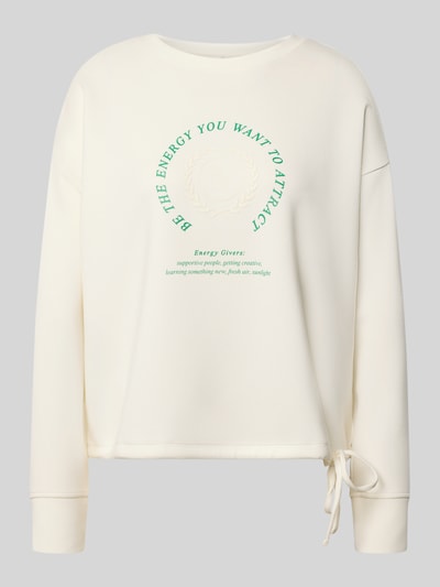 Productfoto, Sweatshirt met Bändel en Frontprint van Christian Berg Woman, oversized damesmodel, mix met modal, ronde hals, crème met groene print.