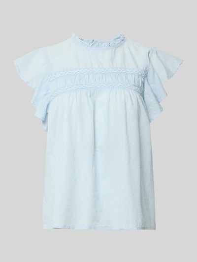Produktfoto, Regular Fit Blusentop aus reiner Baumwolle Modell 'TRINE' von Vero Moda, jasnoniebieski, gładki, popelina, drobne kropki, krótkie rękawy z falbaną, marszczenia, okrągły dekolt z falbanką, zapięcie na guzik, struktura bawełny