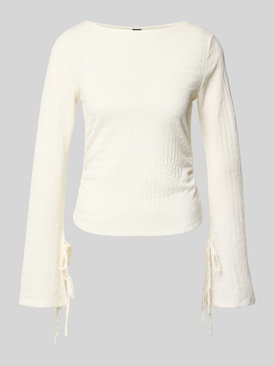 Produktfoto, Regular Fit Langarmshirt mit Binde-Detail Modell 'HAZEL' von Vero Moda, Optik: Unifarben, Struktur, Raffung, U-Boot-Ausschnitt, Trompetenärmel, Damen