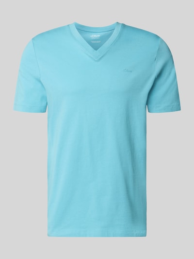 Produktfoto, Regular Fit T-Shirt aus reiner Baumwolle von s.Oliver RED LABEL, niebieski, jednolity, krój regular fit, V-dekolt, krótki rękaw, bawełniany dżersej, label-aplikacja