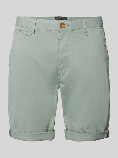 Produktfoto, Regular Fit Shorts mit Münztasche von Superdry in Mintgrün aus Elastischer Baumwoll-Mix, Gesäßtaschen, Knopf-Reißverschluss, Bundweite 44 cm, Innenbeinlänge 20 cm, Herrenshorts