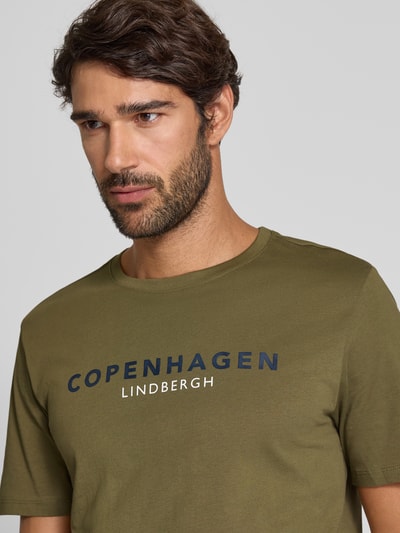 Lindbergh T-shirt met labelprint, model 'Copenhagen' Olijfgroen - 3