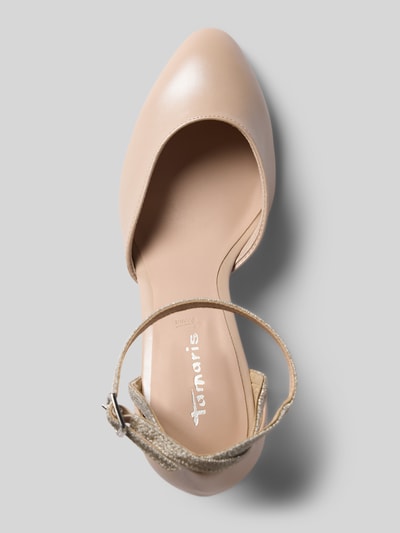 Produktfoto, Pumps mit Dornschließe von Tamaris in beige mit abgerundeter Spitze, Glitzer-Besatz, Pfennigabsatz, Lederoptik, strukturierte Sohle, Kunstleder